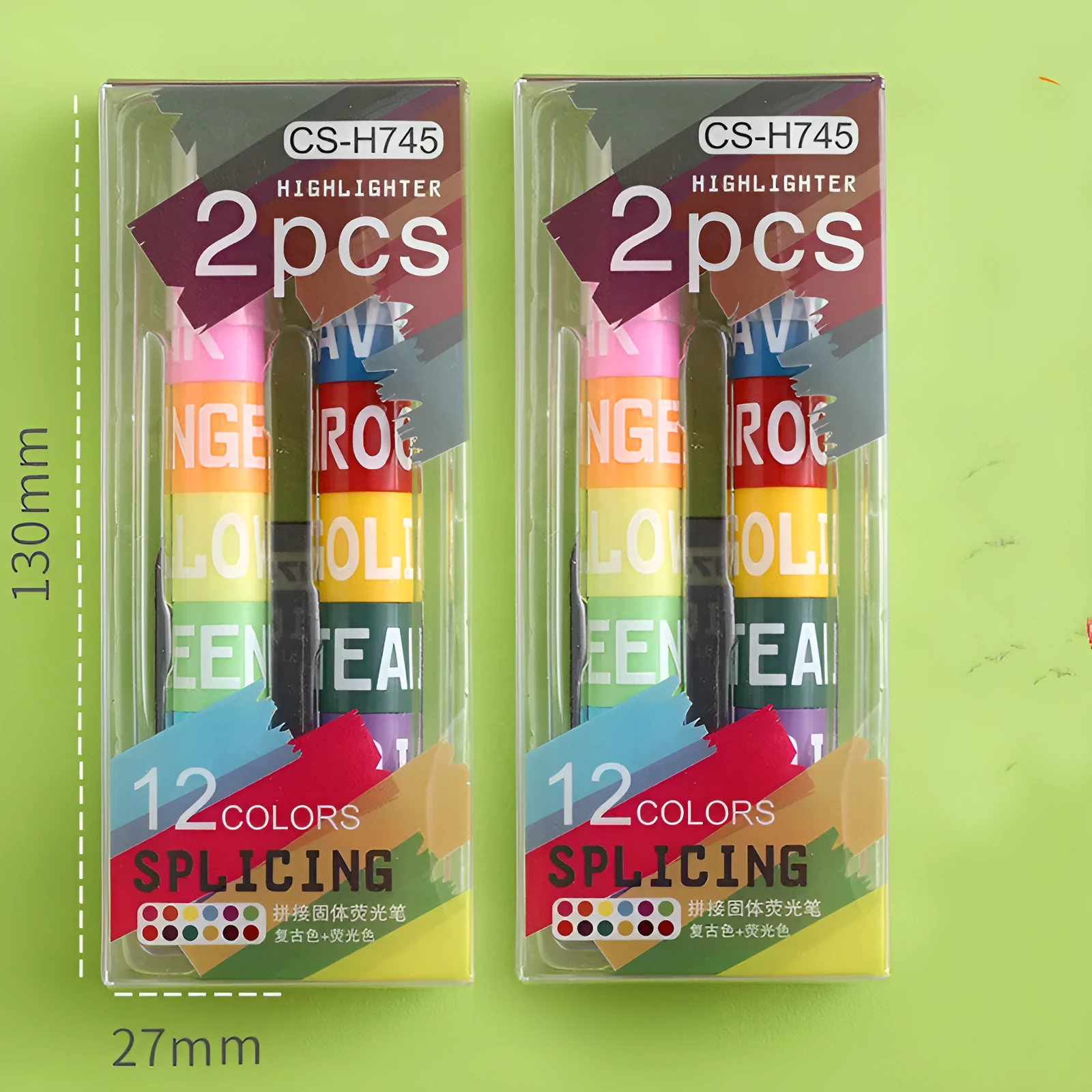 Set of six solid plastic highlighter marker pens with round tips, shown in fluorescent colour pack.