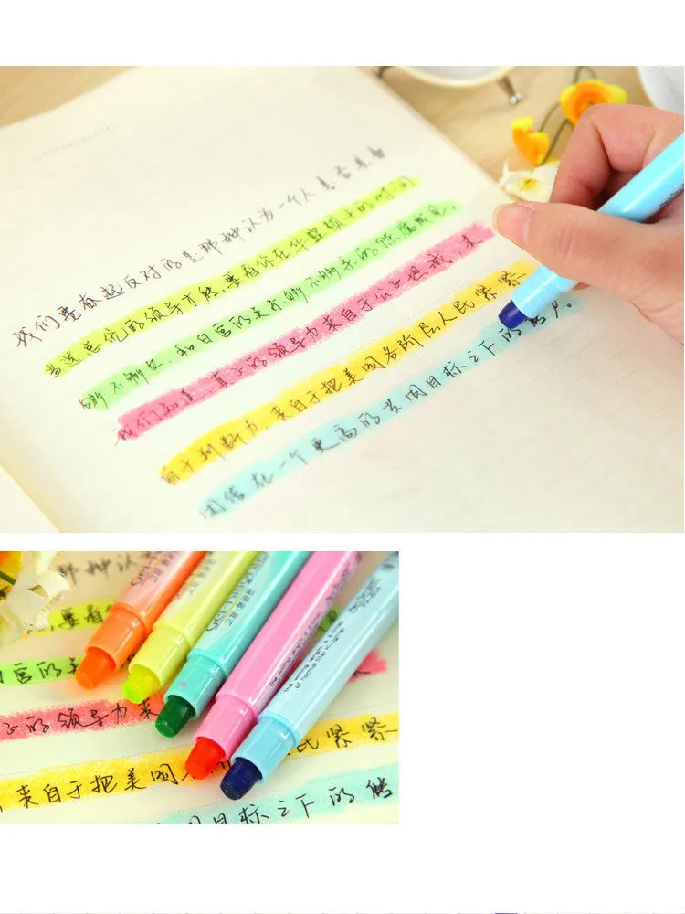 Set of six solid plastic highlighter marker pens with round tips, shown in fluorescent colour pack.
