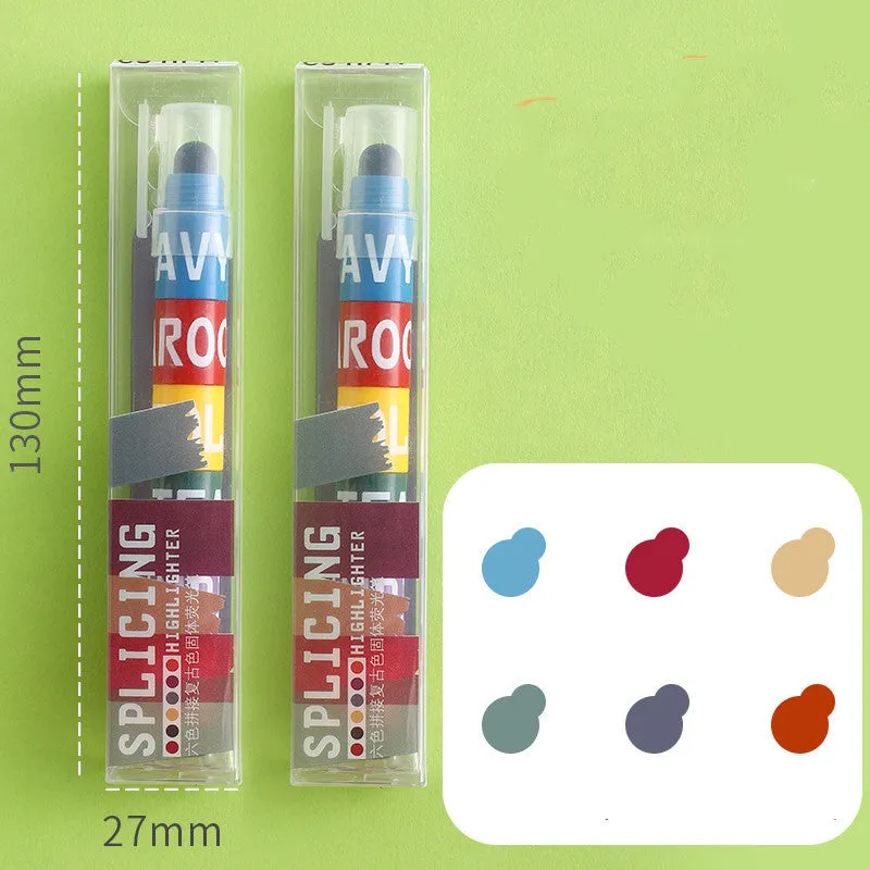 Set of six solid plastic highlighter marker pens with round tips, shown in fluorescent colour pack.