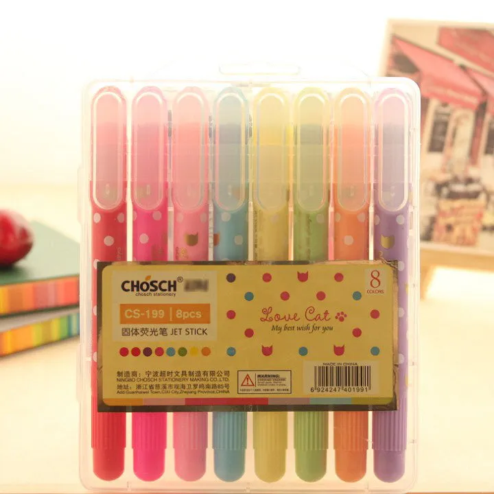 Set of six solid plastic highlighter marker pens with round tips, shown in fluorescent colour pack.