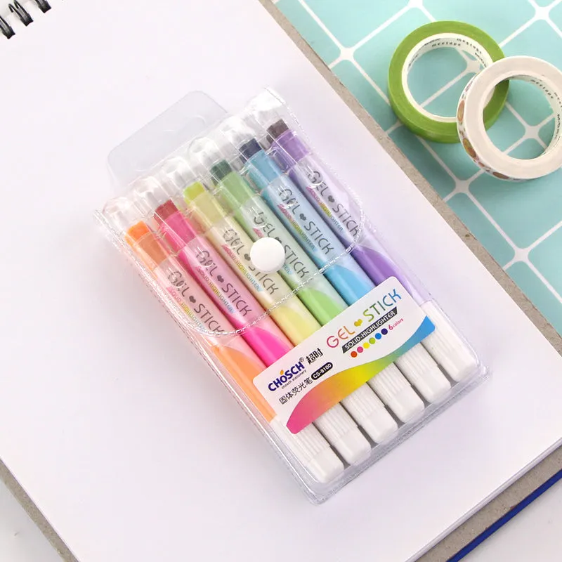 Set of six solid plastic highlighter marker pens with round tips, shown in fluorescent colour pack.