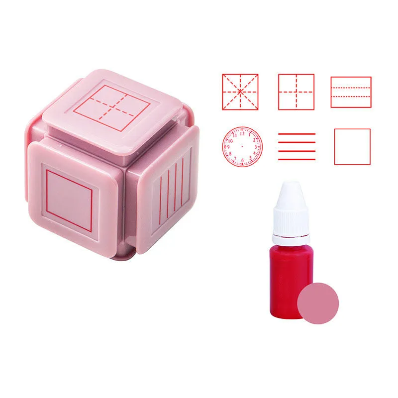 Six-sided Tianzi grid photosensitive stamp with pink body and quick-drying red ink.