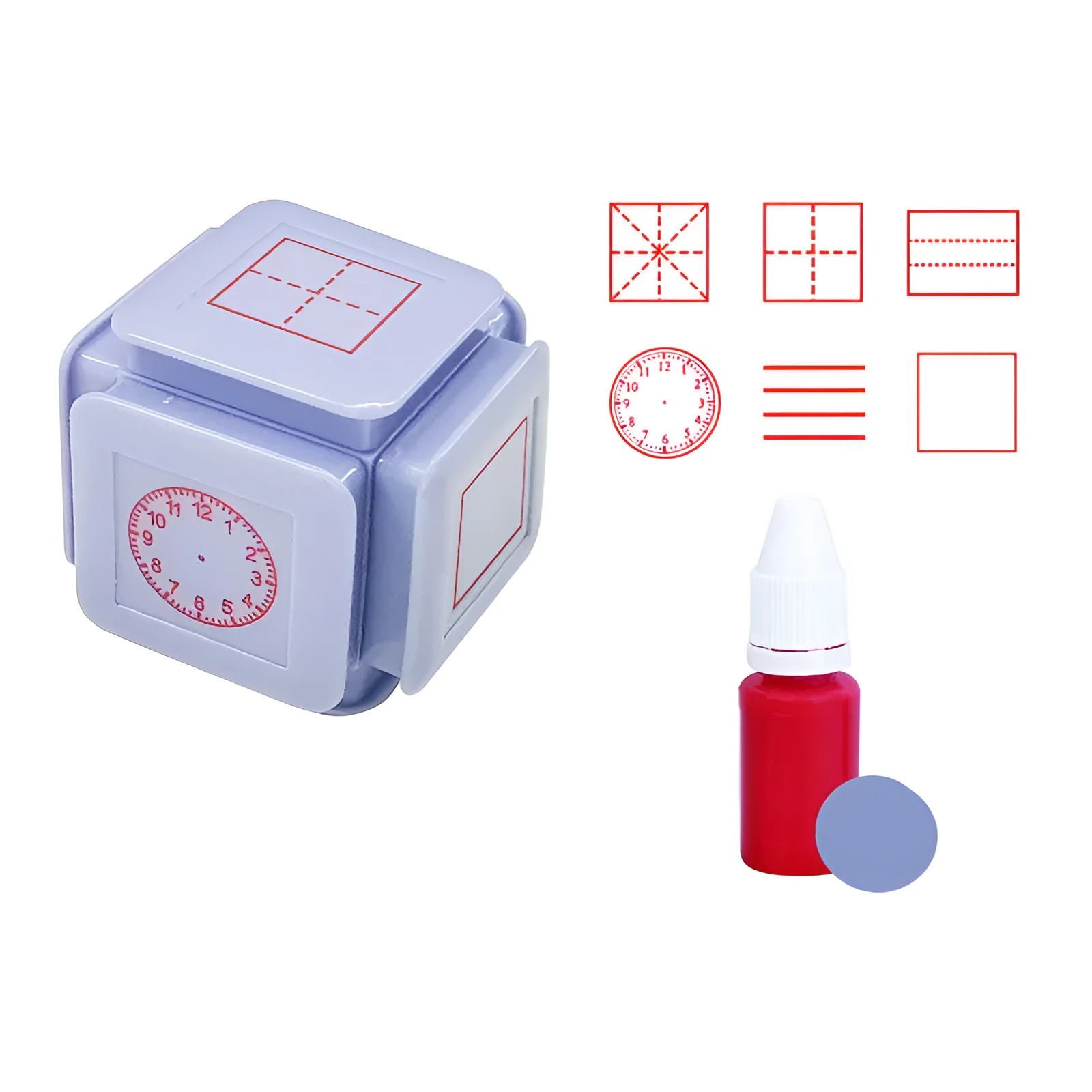 Six-sided Tianzi grid photosensitive stamp with pink body and quick-drying red ink.