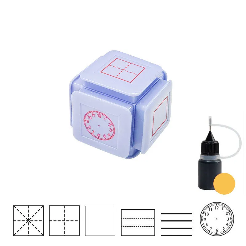 Six-sided Tianzi grid photosensitive stamp with pink body and quick-drying red ink.