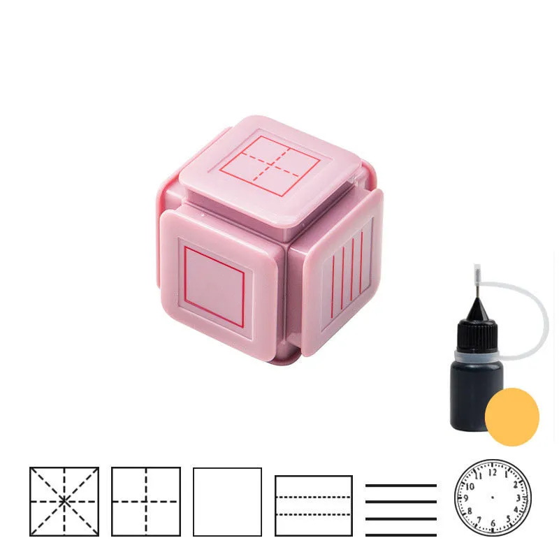 Six-sided Tianzi grid photosensitive stamp with pink body and quick-drying red ink.