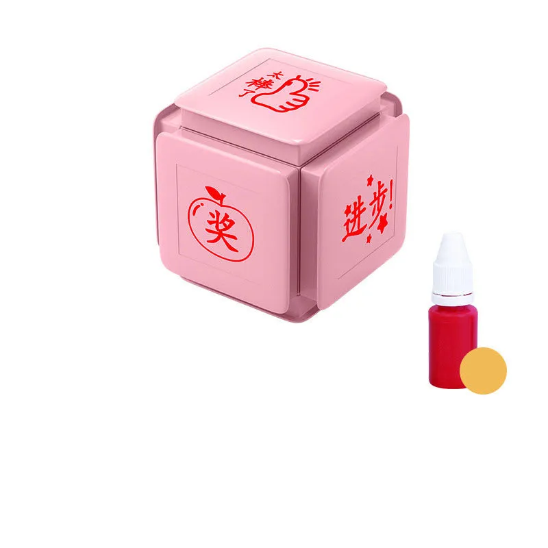 Six-sided Tianzi grid photosensitive stamp with pink body and quick-drying red ink.