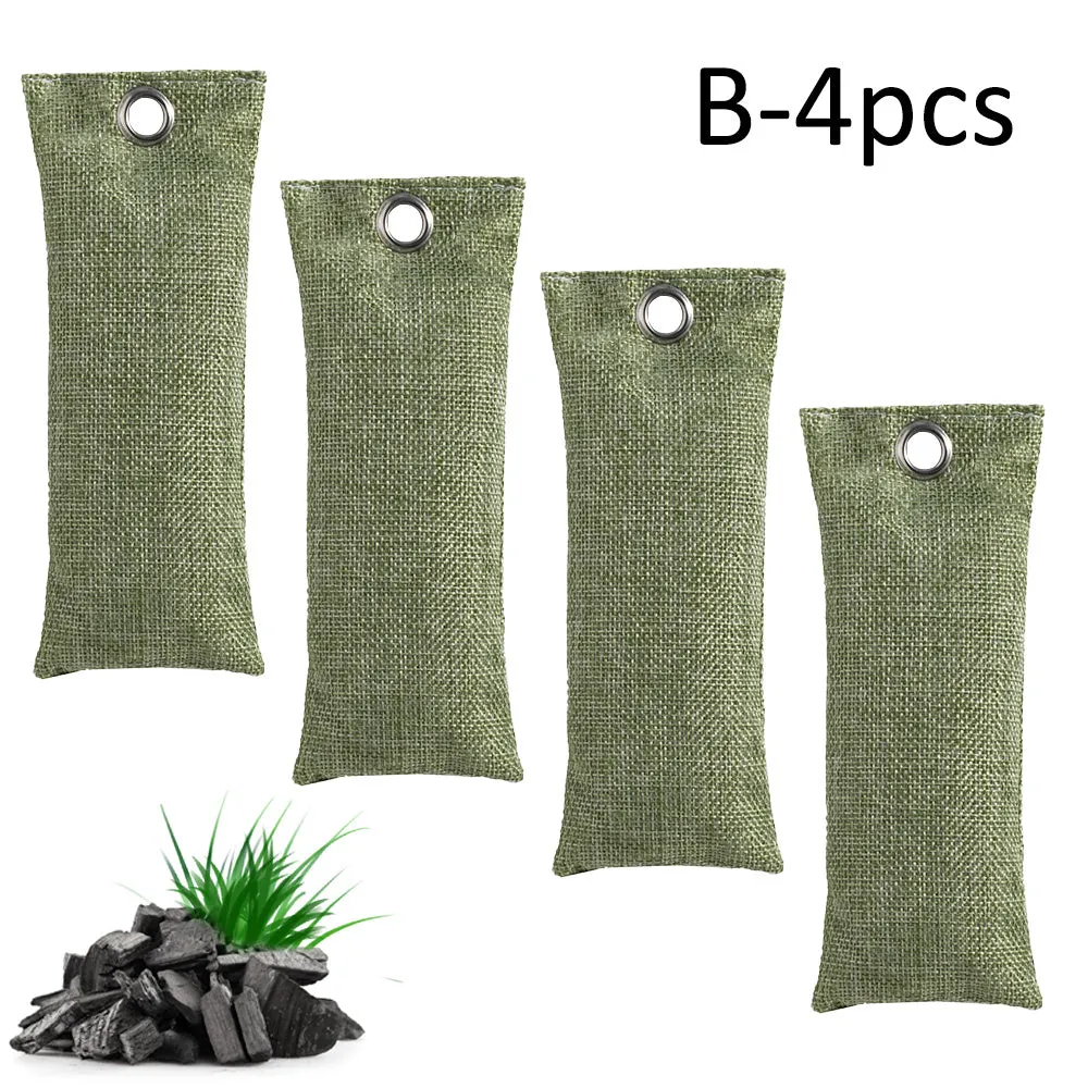 Set of four bamboo charcoal deodorising bags in different colours for shoe and household odour absorption.