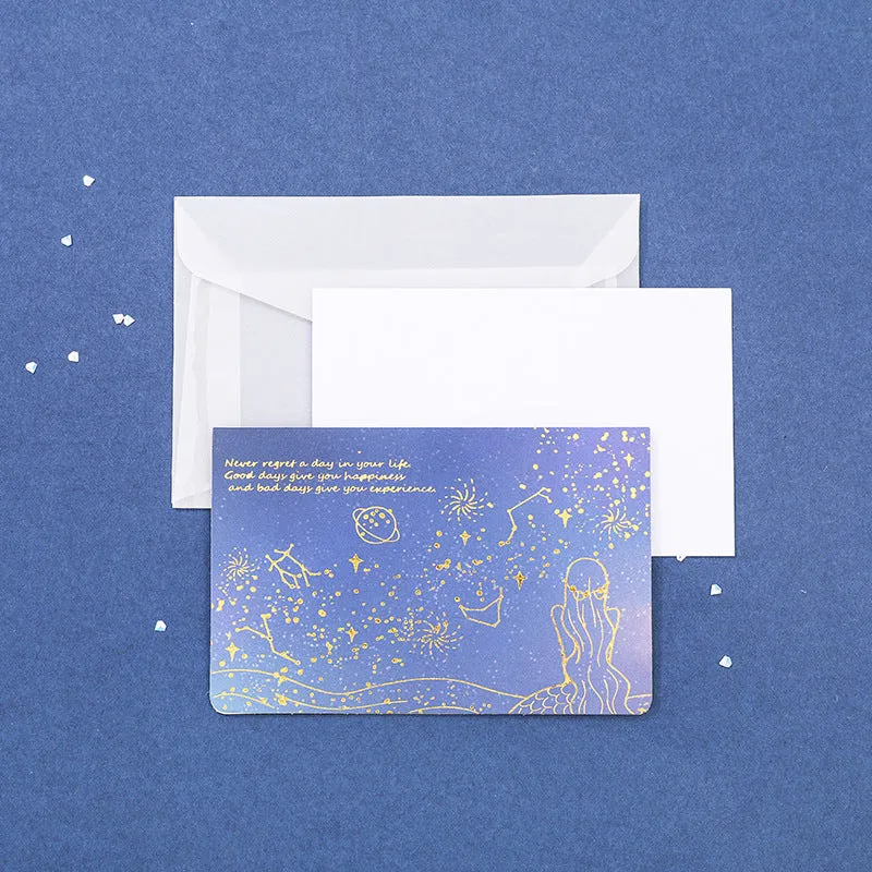 Set of three foldable sulfuric acid paper greeting card envelopes with bronzing, in celestial colours.