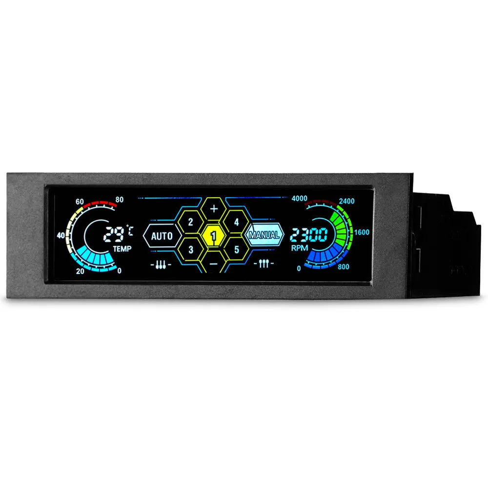 Black computer case temperature controller with 5.8-inch touch screen display for optical drive bay installation
