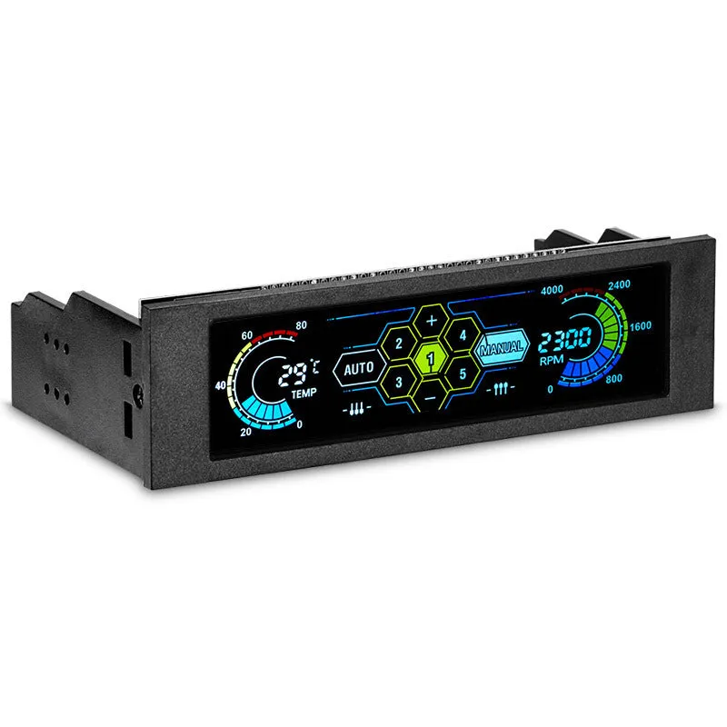 Black computer case temperature controller with 5.8-inch touch screen display for optical drive bay installation