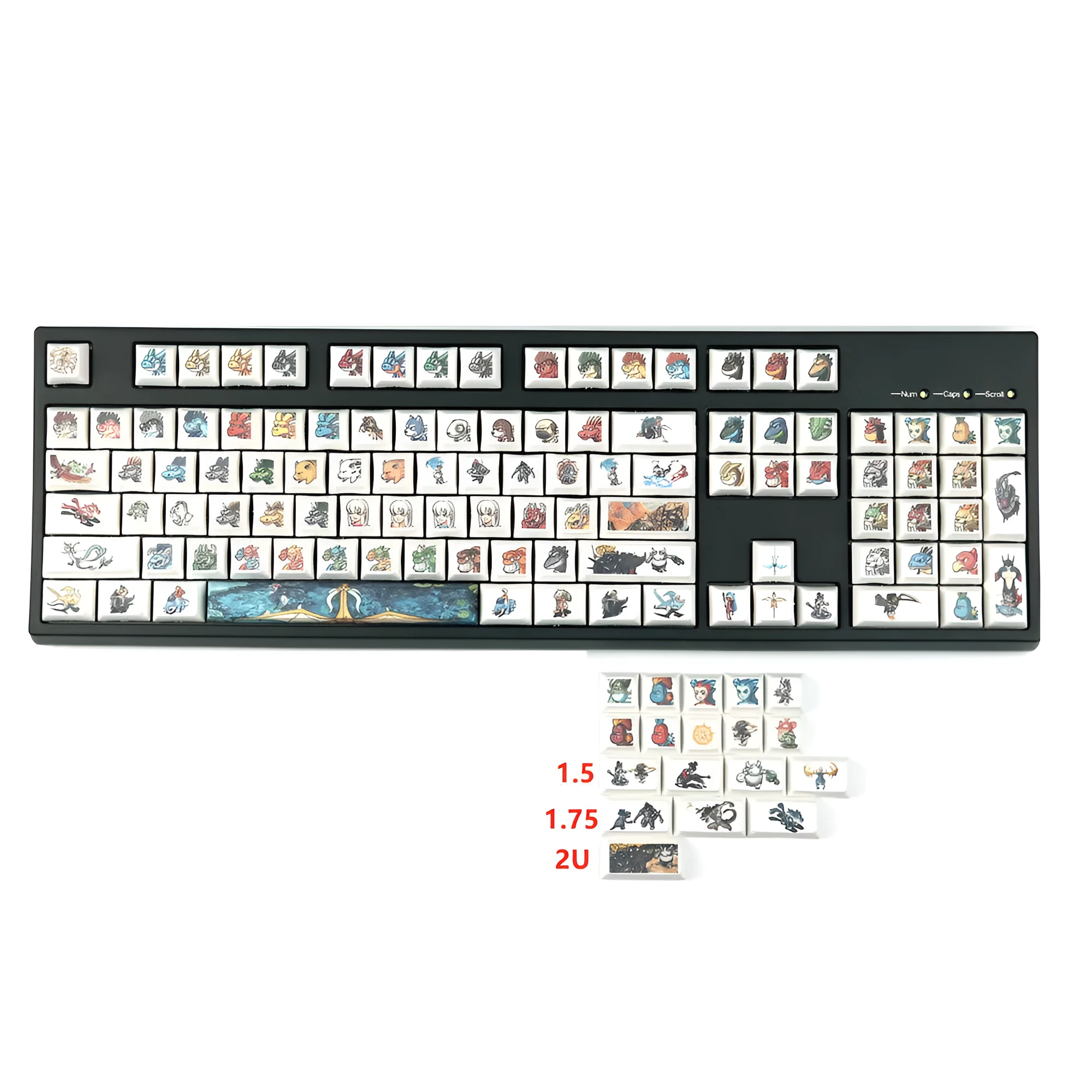 Little Monster cartoon sublimation keycaps on wireless mechanical keyboard with multimedia keys