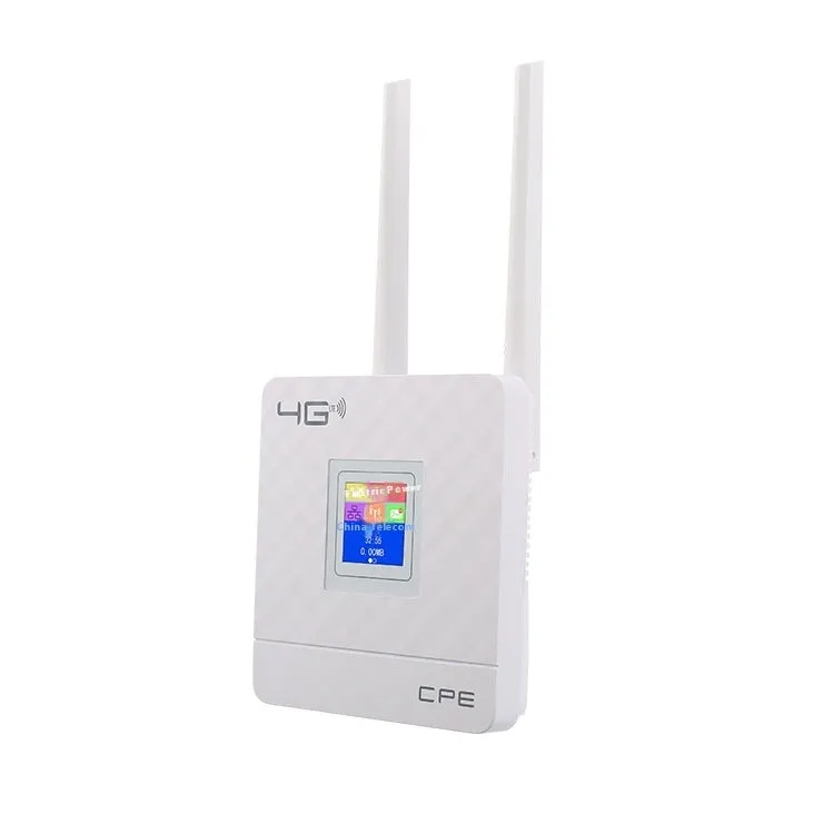 Home office LTE router with two antennas, DC power interface, and international power supply options