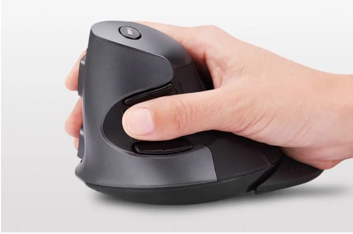 Black and white wireless vertical ergonomic mouse shown from the side, displaying its upright shape and button layout.