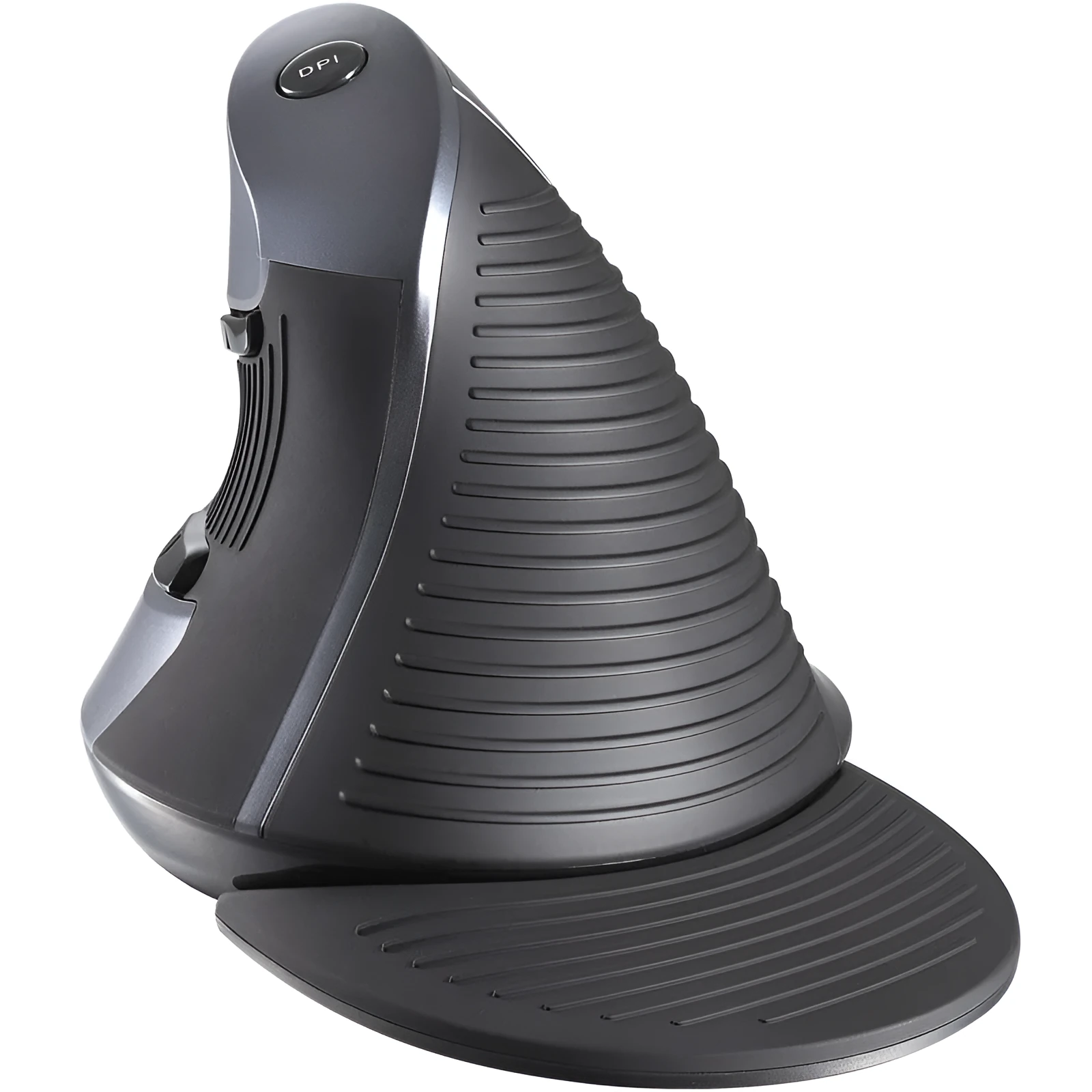 Black and white wireless vertical ergonomic mouse shown from the side, displaying its upright shape and button layout.