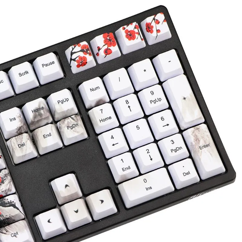 PBT Wangjiang Plum blossom theme keycap set for mechanical keyboards, showing five-sided sublimation printing.