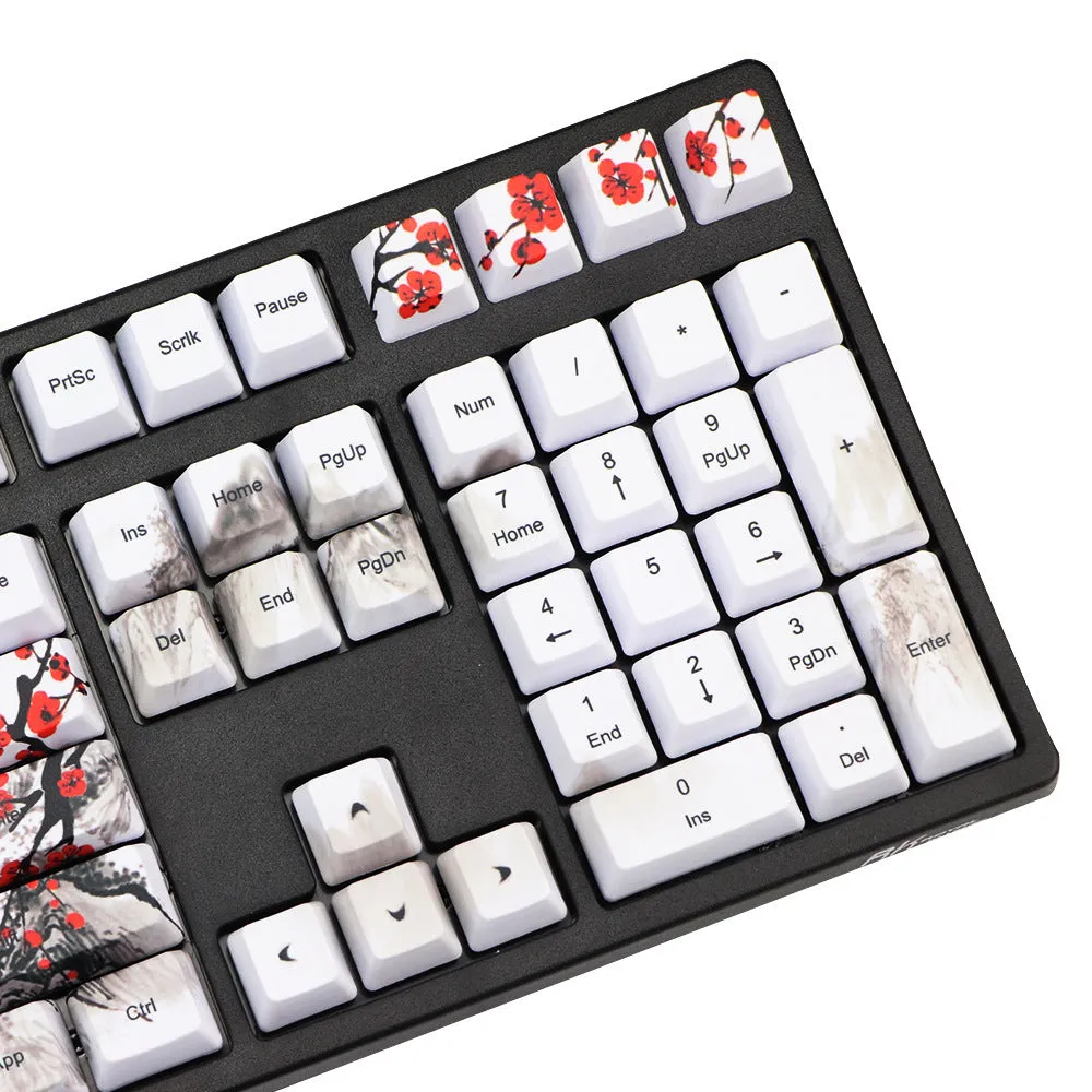 PBT Wangjiang Plum blossom theme keycap set for mechanical keyboards, showing five-sided sublimation printing.