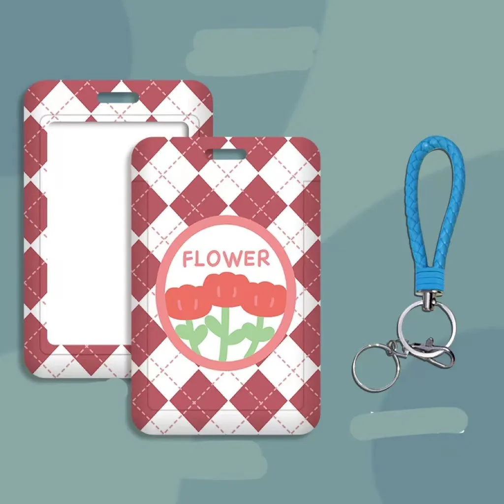 Student ID card holder set with plastic sleeve on a cartoon bear rose keychain lanyard