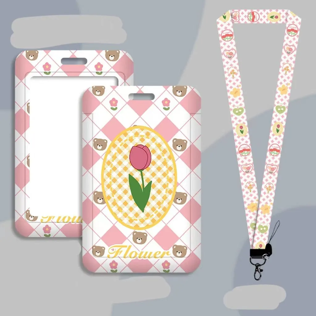 Student ID card holder set with plastic sleeve on a cartoon bear rose keychain lanyard