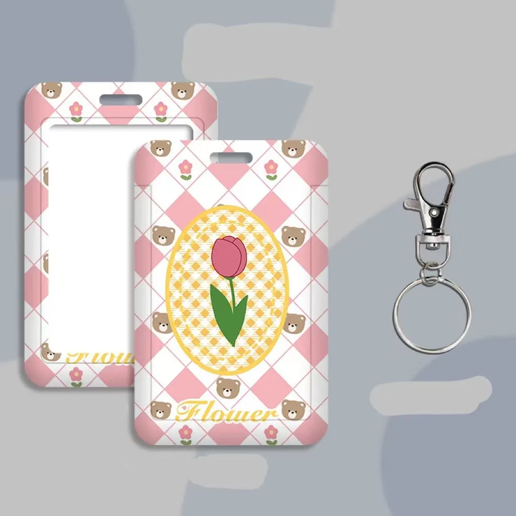 Student ID card holder set with plastic sleeve on a cartoon bear rose keychain lanyard