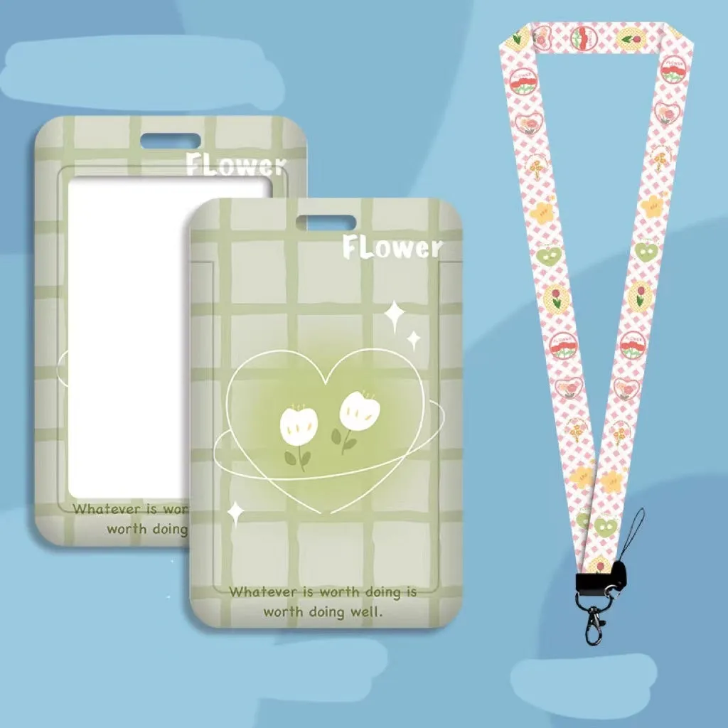 Student ID card holder set with plastic sleeve on a cartoon bear rose keychain lanyard