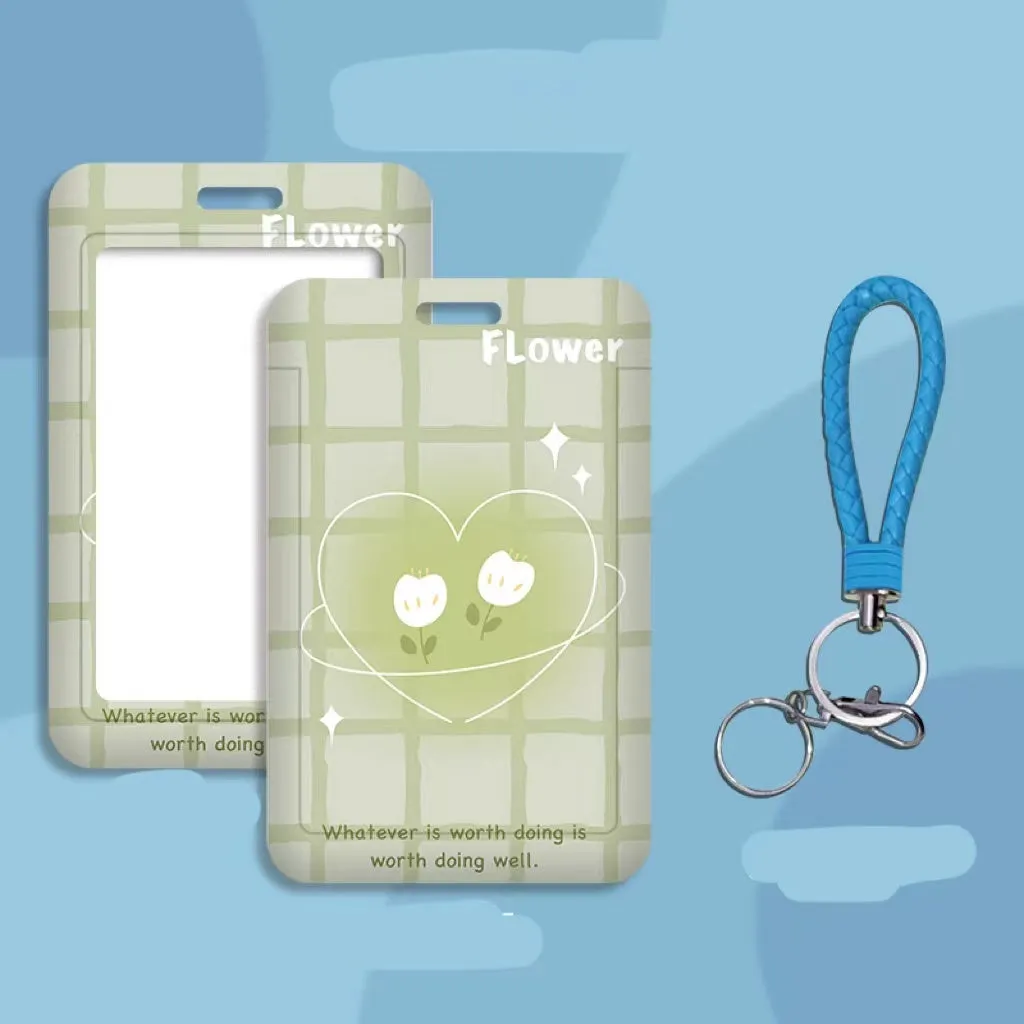 Student ID card holder set with plastic sleeve on a cartoon bear rose keychain lanyard