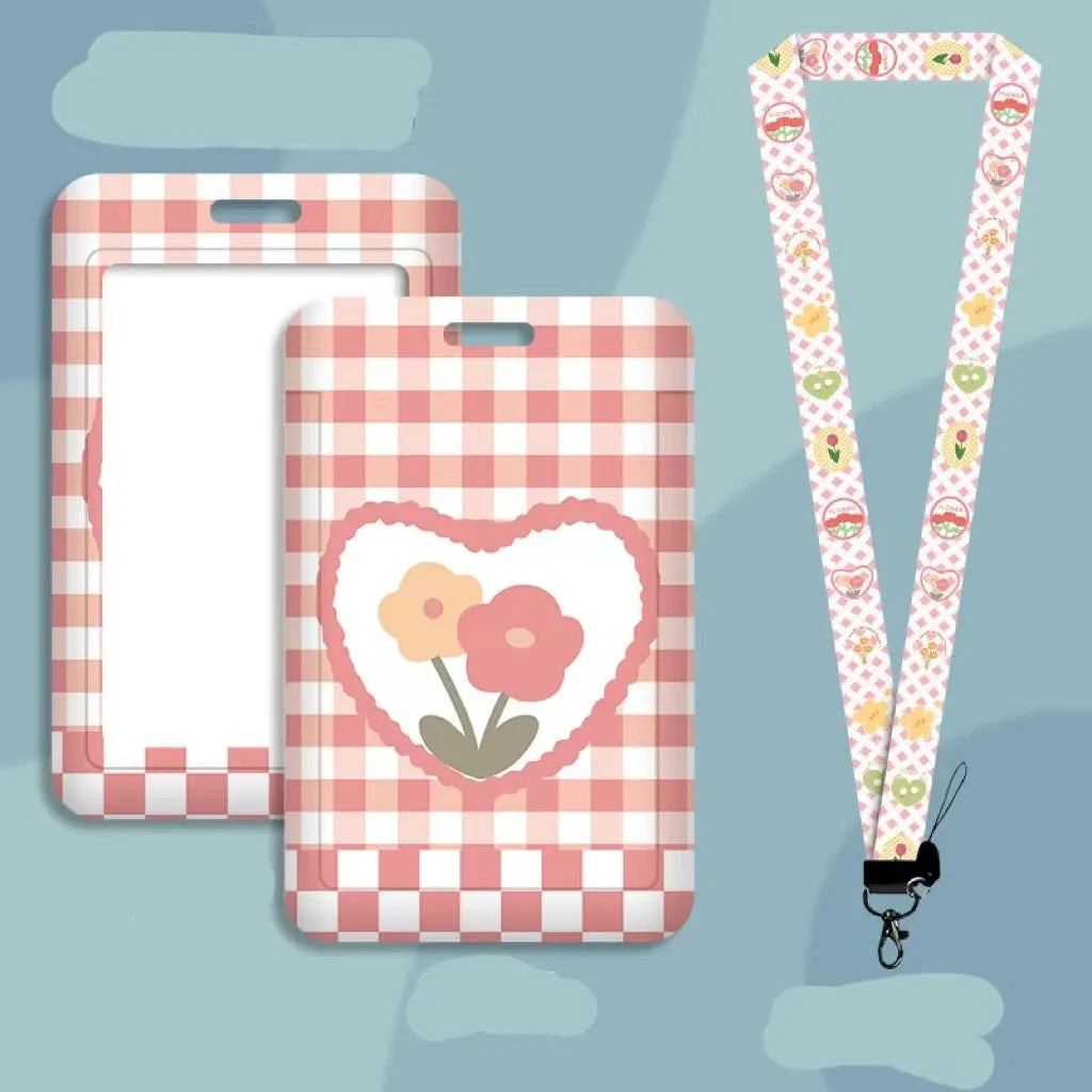 Student ID card holder set with plastic sleeve on a cartoon bear rose keychain lanyard