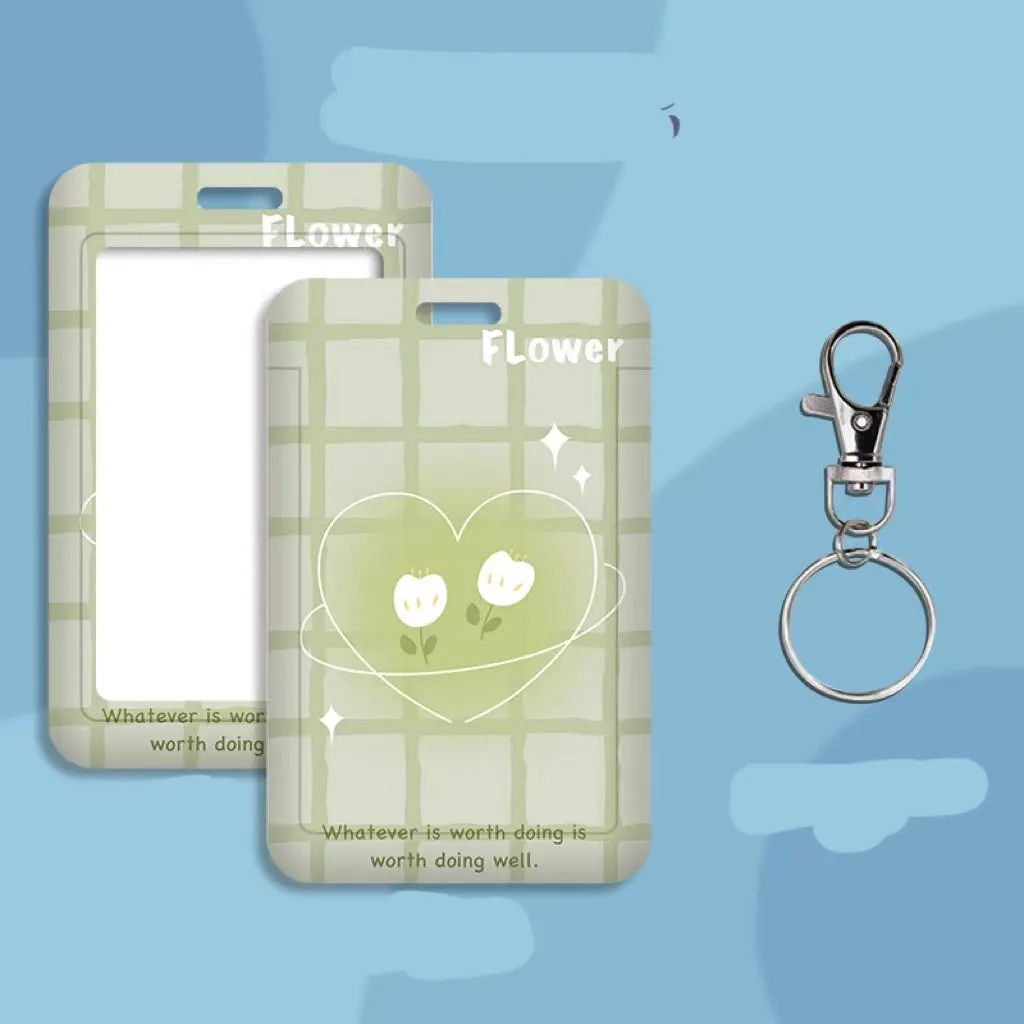 Student ID card holder set with plastic sleeve on a cartoon bear rose keychain lanyard
