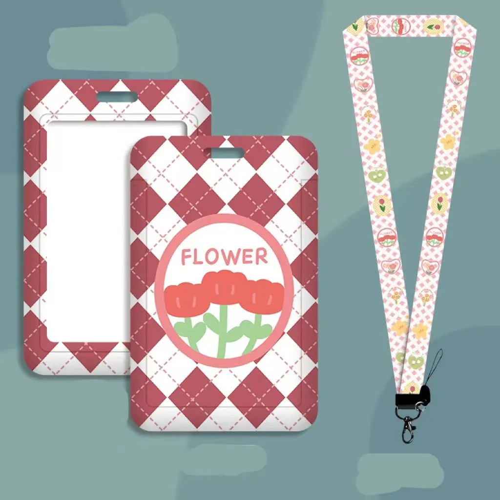 Student ID card holder set with plastic sleeve on a cartoon bear rose keychain lanyard