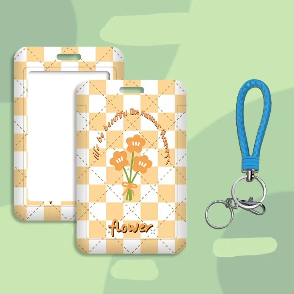 Student ID card holder set with plastic sleeve on a cartoon bear rose keychain lanyard