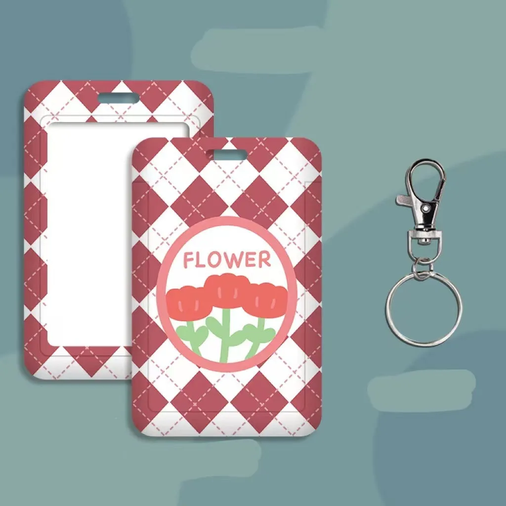 Student ID card holder set with plastic sleeve on a cartoon bear rose keychain lanyard