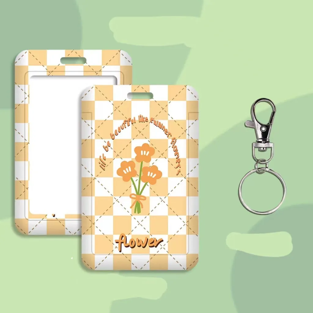 Student ID card holder set with plastic sleeve on a cartoon bear rose keychain lanyard