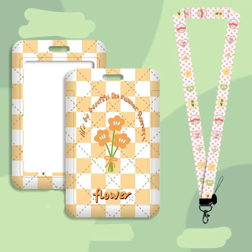 Student ID card holder set with plastic sleeve on a cartoon bear rose keychain lanyard