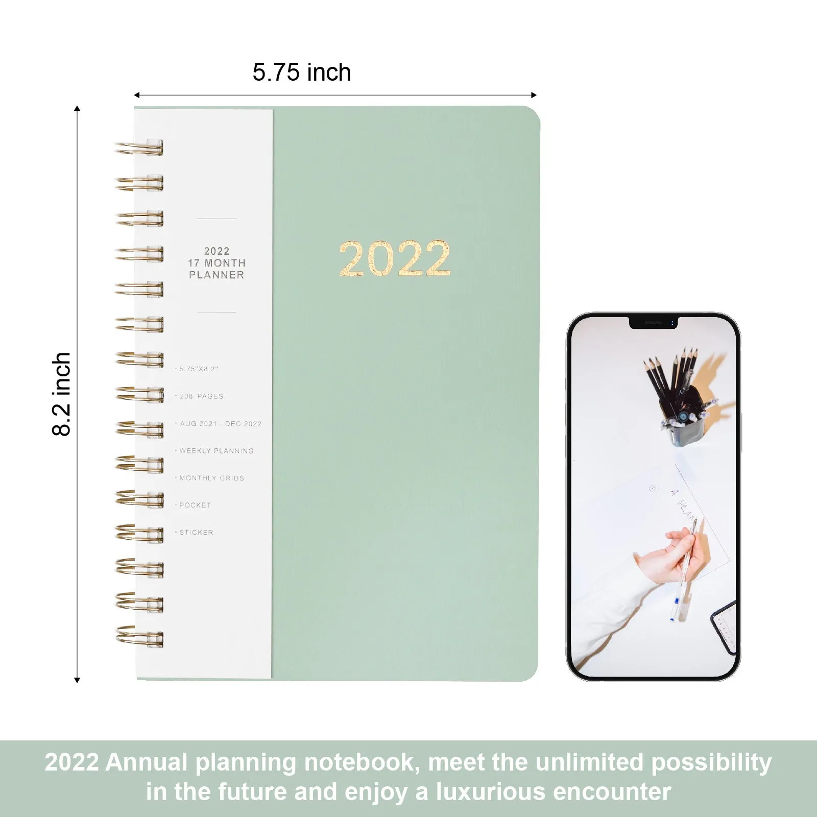Green and blue 17-month 2022 student planner notebook with coil binding and pockets