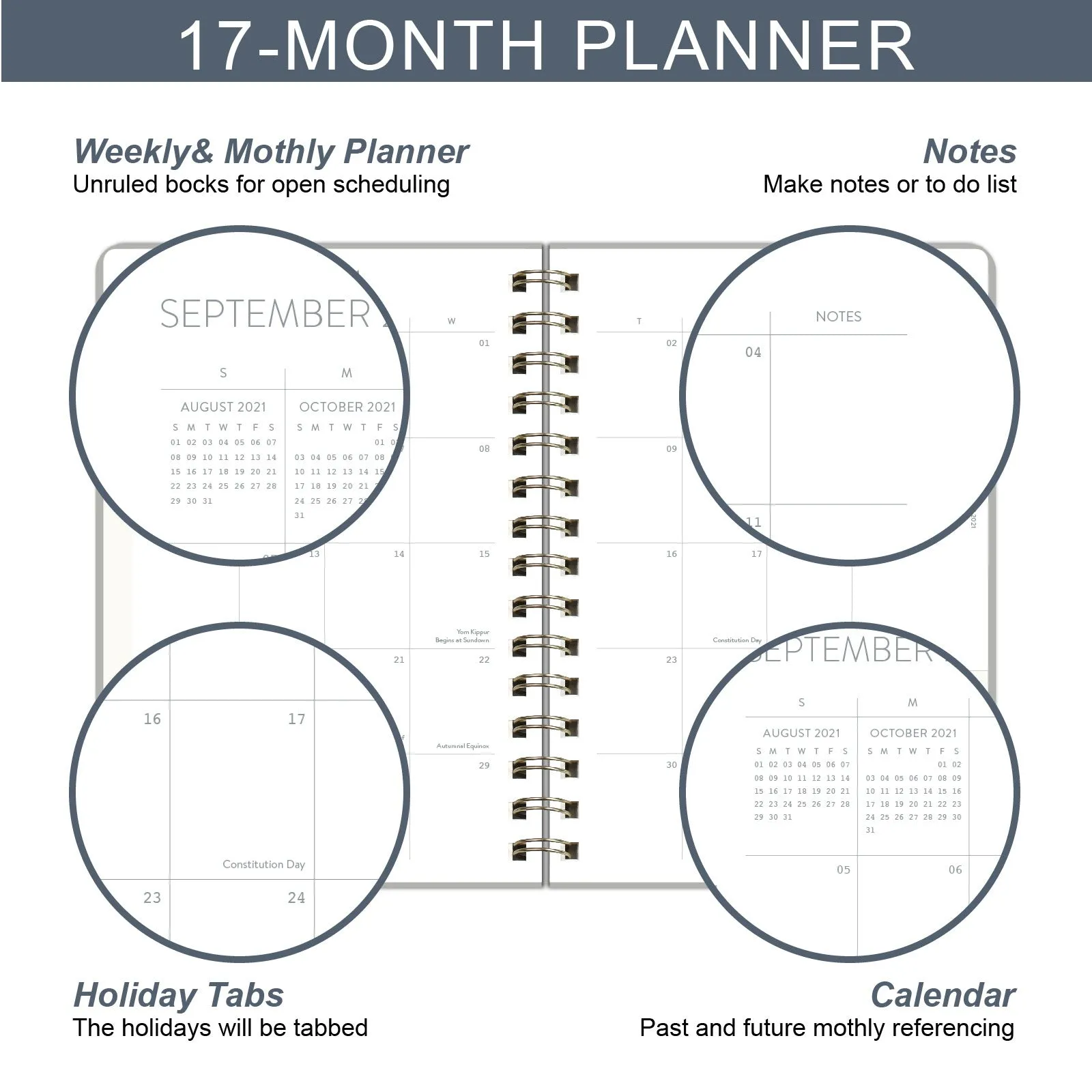 Green and blue 17-month 2022 student planner notebook with coil binding and pockets