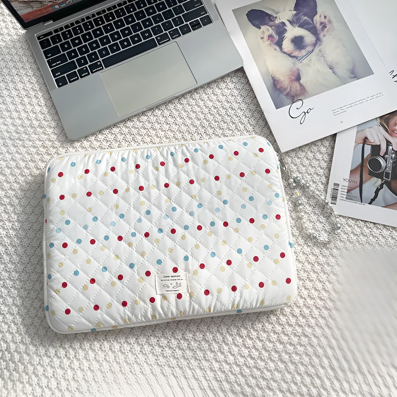 Polka dot women's laptop bag with storage compartments available in three size options
