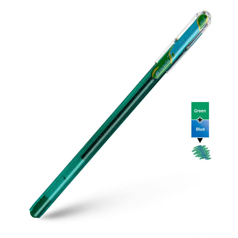 K110 model 1.0mm tip pearlescent glitter gel pen in eight colour options on white paper.