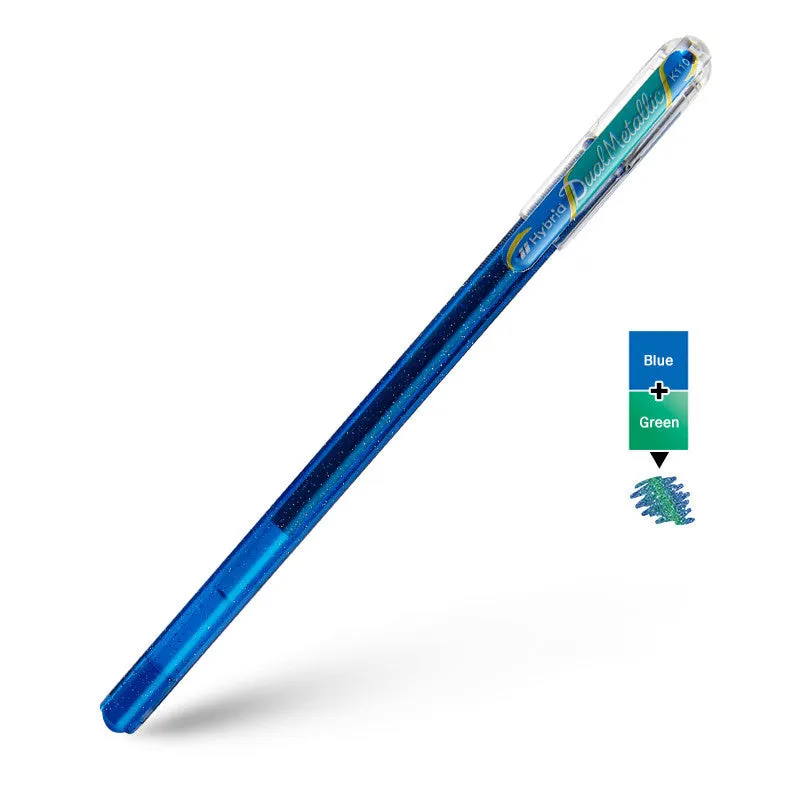 K110 model 1.0mm tip pearlescent glitter gel pen in eight colour options on white paper.