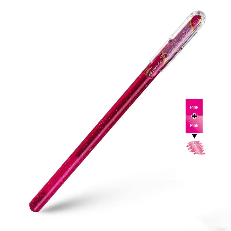 K110 model 1.0mm tip pearlescent glitter gel pen in eight colour options on white paper.