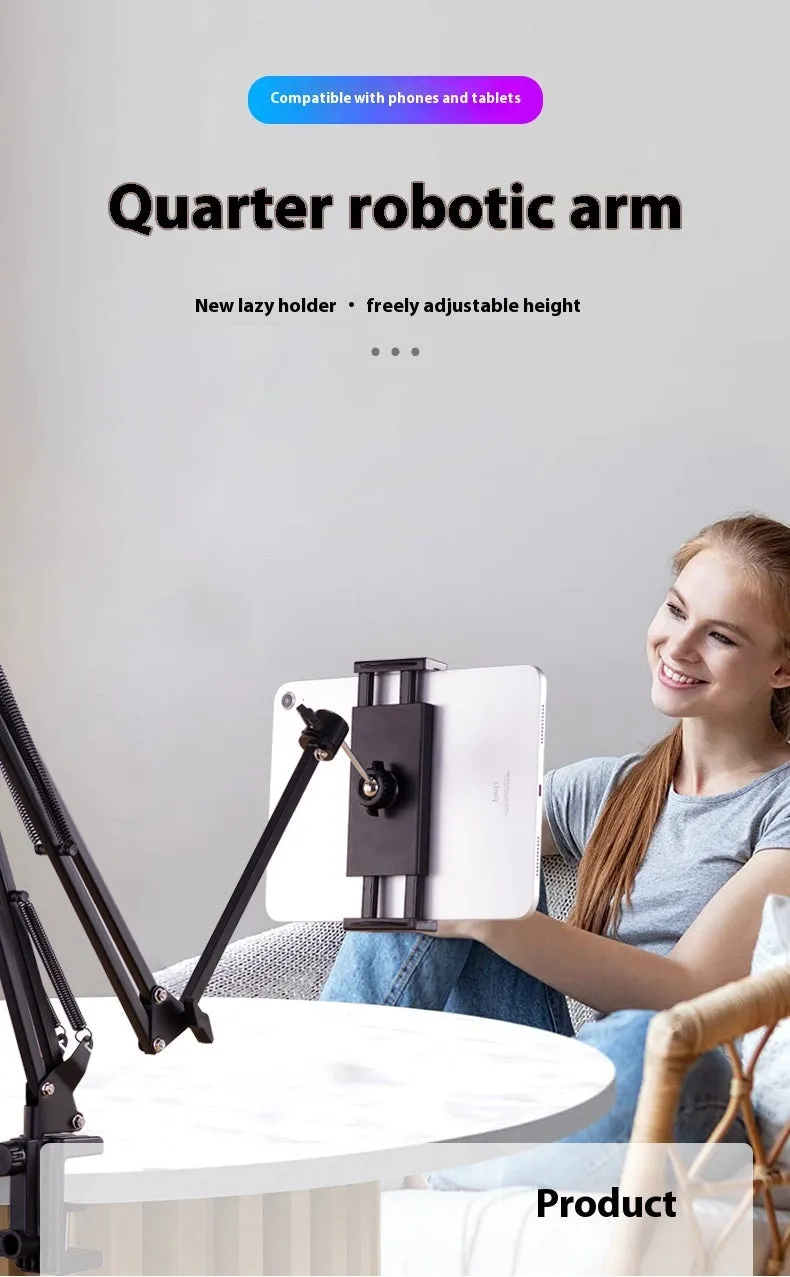 Black foldable metal cantilever bracket holding a tablet on a desktop.