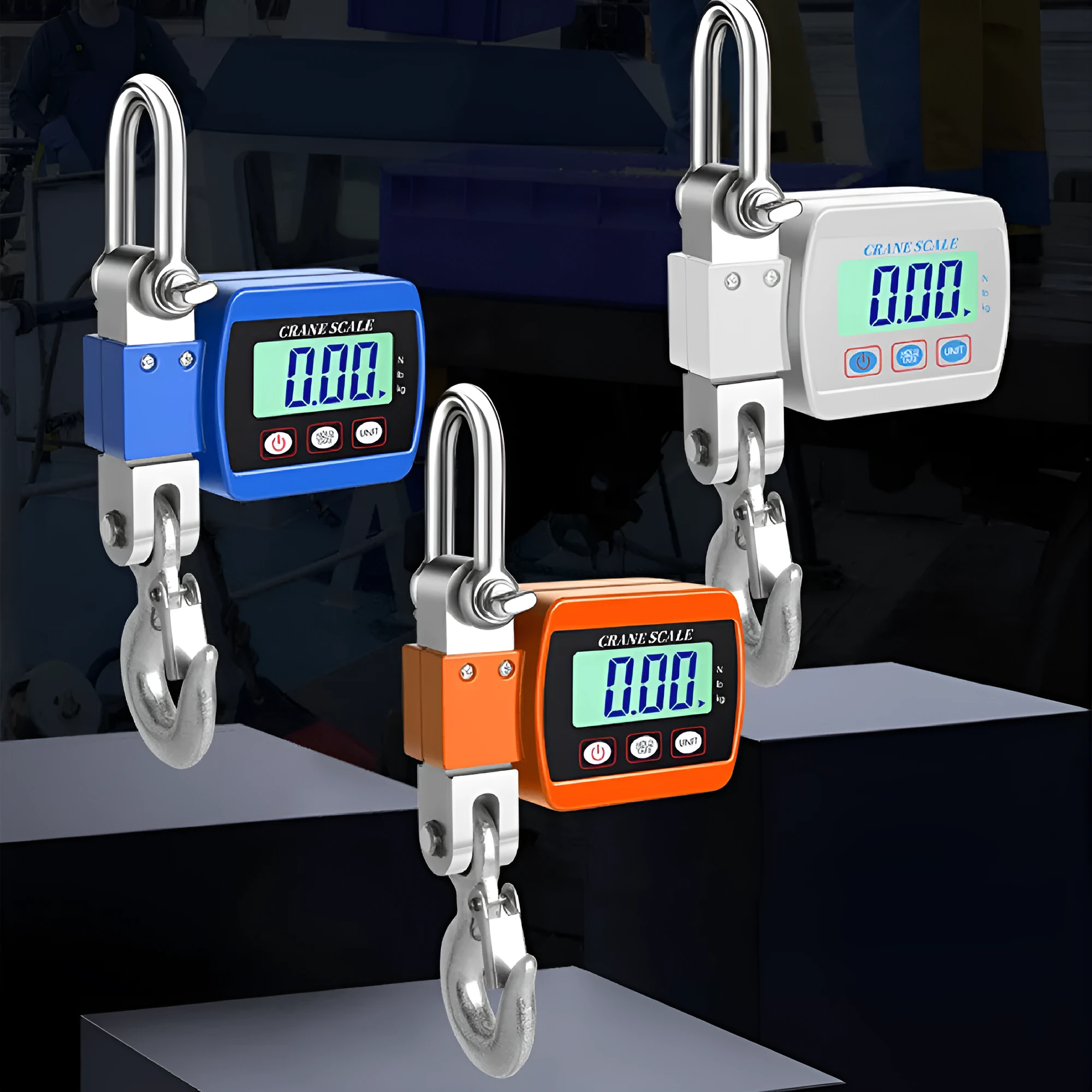 Digital hook scale showing 500kg capacity, 200g precision, and battery-powered operation in three colour options