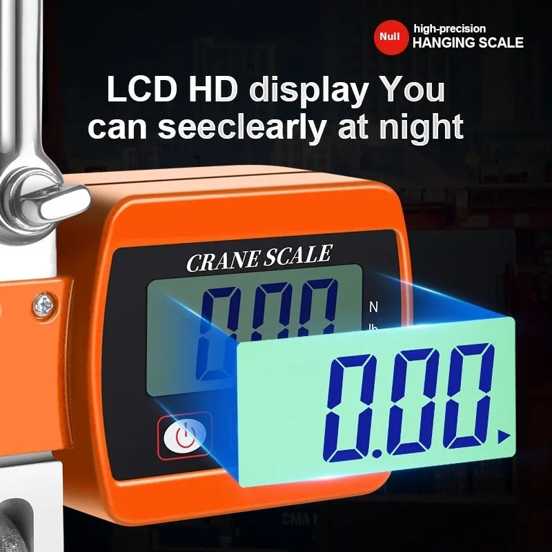 Digital hook scale showing 500kg capacity, 200g precision, and battery-powered operation in three colour options