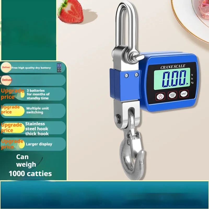 Digital hook scale showing 500kg capacity, 200g precision, and battery-powered operation in three colour options