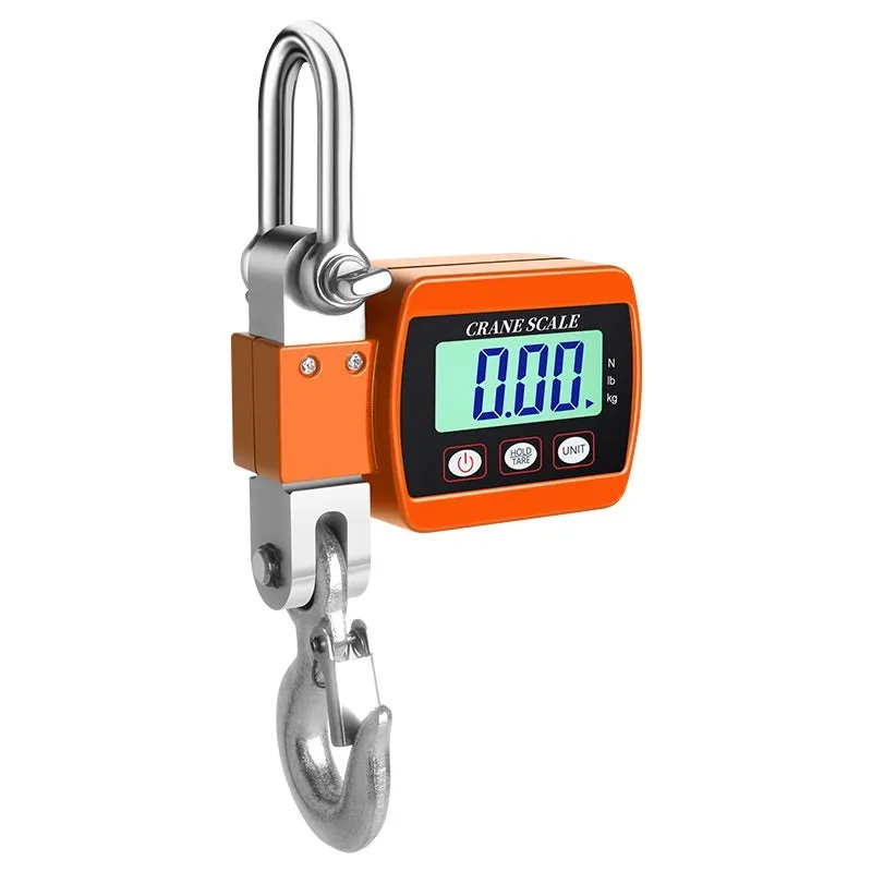 Digital hook scale showing 500kg capacity, 200g precision, and battery-powered operation in three colour options