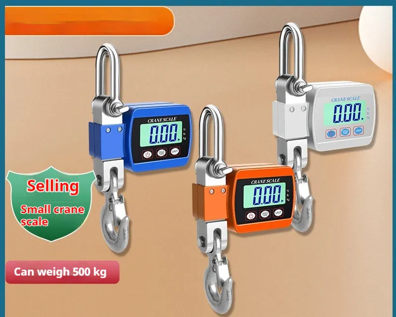 Digital hook scale showing 500kg capacity, 200g precision, and battery-powered operation in three colour options