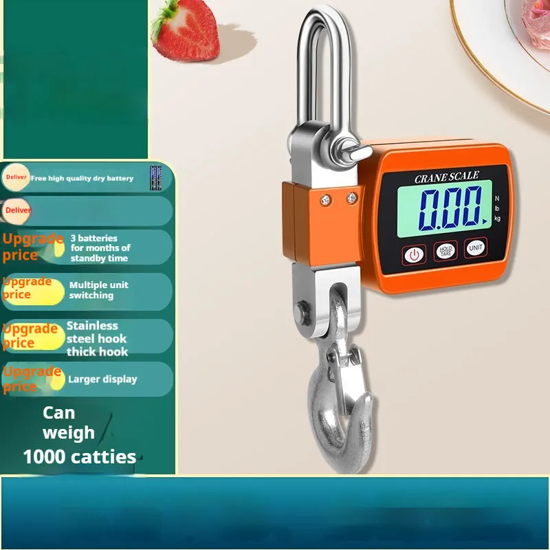 Digital hook scale showing 500kg capacity, 200g precision, and battery-powered operation in three colour options