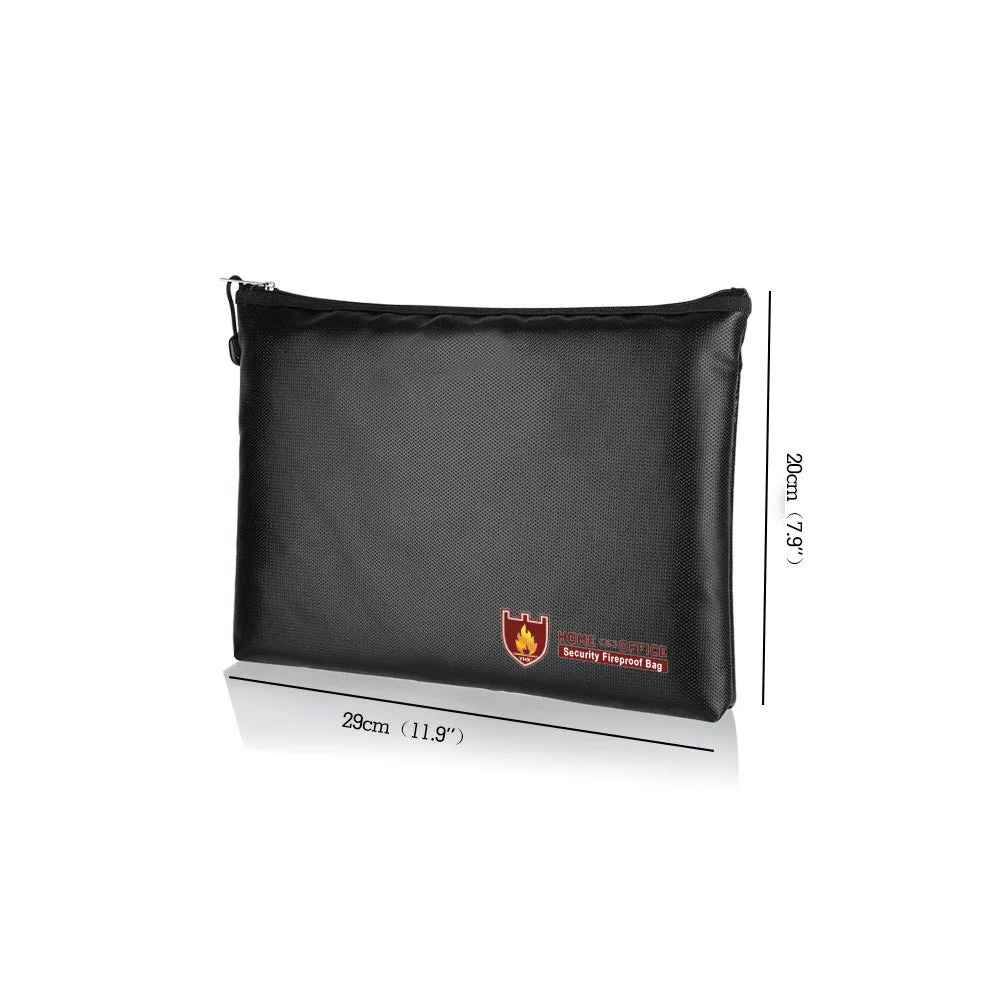 Black fire-proof contract document bag showing three size options for A4 paperwork storage