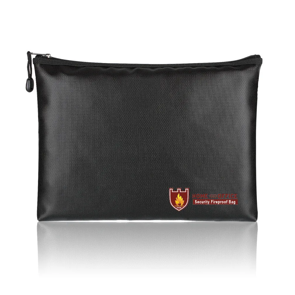 Black fire-proof contract document bag showing three size options for A4 paperwork storage