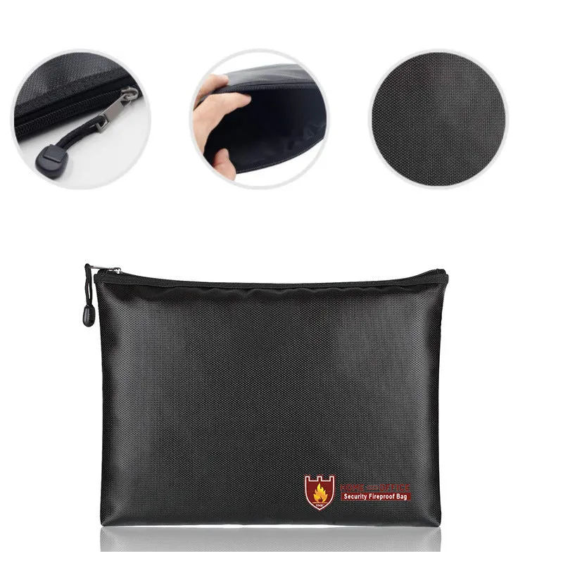 Black fire-proof contract document bag showing three size options for A4 paperwork storage