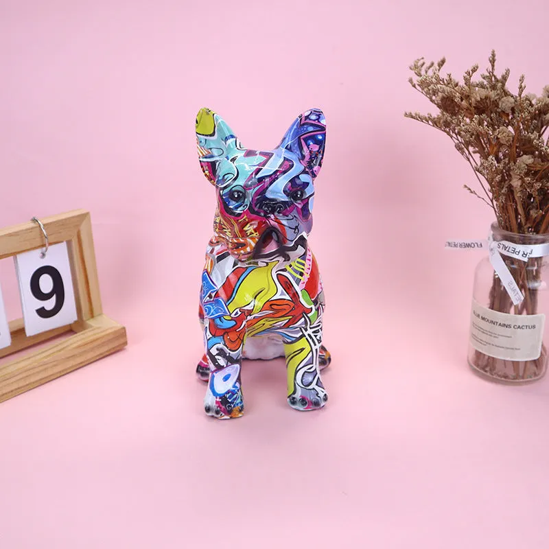 Graffiti colour finish French Bulldog resin statue on a table, modern simple style.