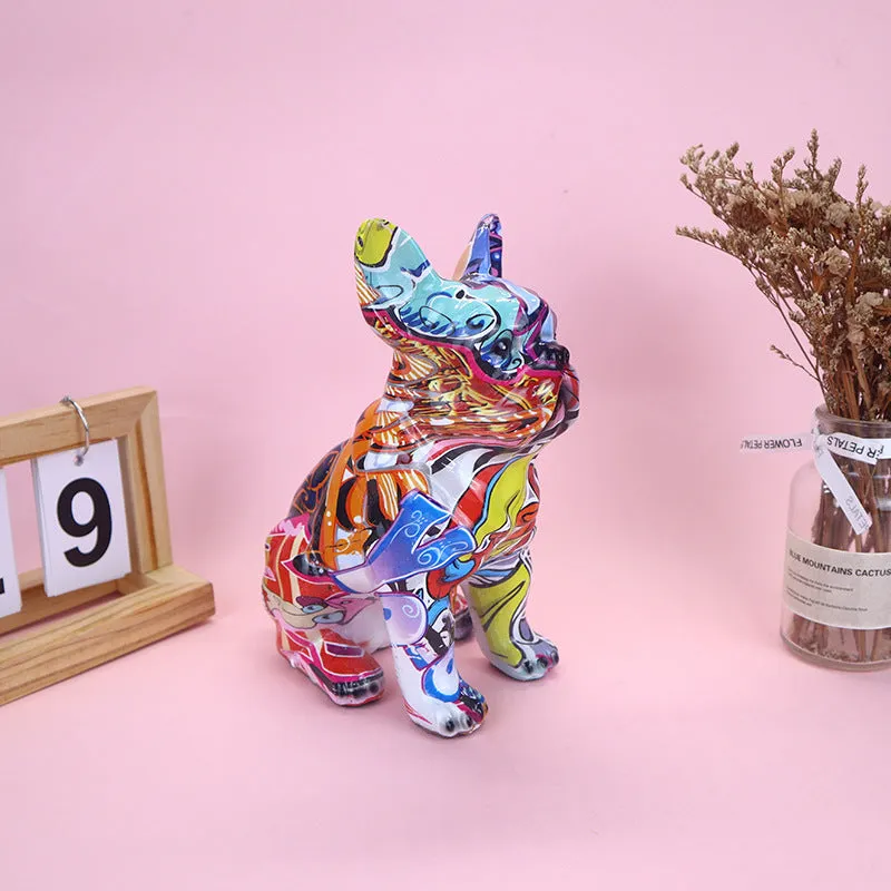 Graffiti colour finish French Bulldog resin statue on a table, modern simple style.